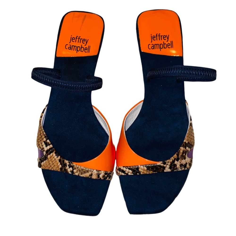 Jeffrey Campbell Mesh Snakeskin Colorblock Square Toe Kitten Heel Sandal